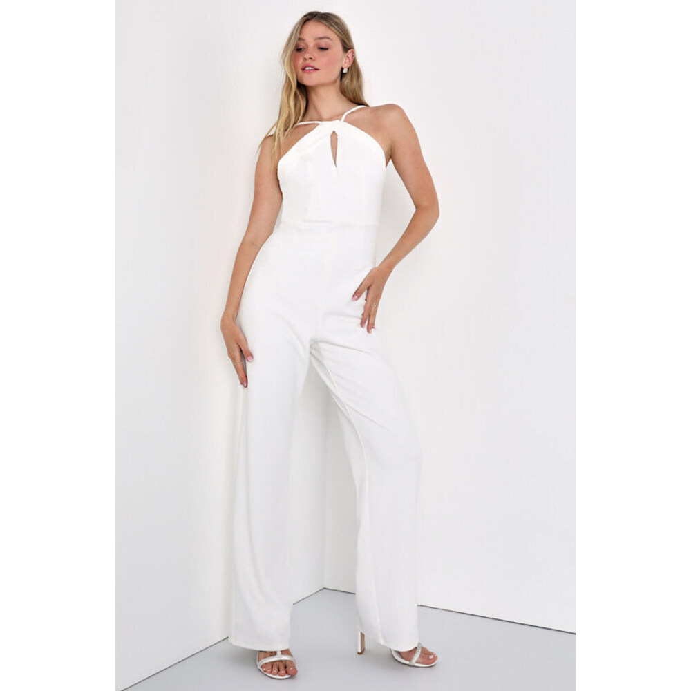 Lulus Pure Charisma Ivory Sleeveless Cutout Halter Jumpsuit White - Size S